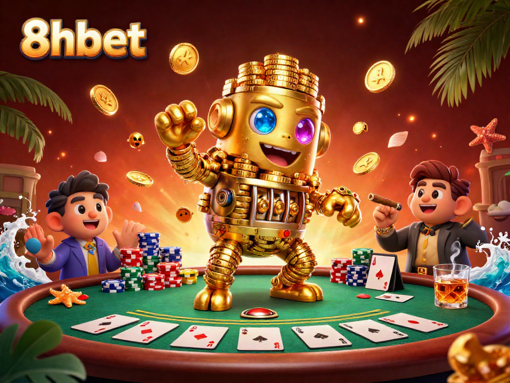 Engage with exciting 8xbet betting via mesmerizing golden golem surrounded by poker elements.