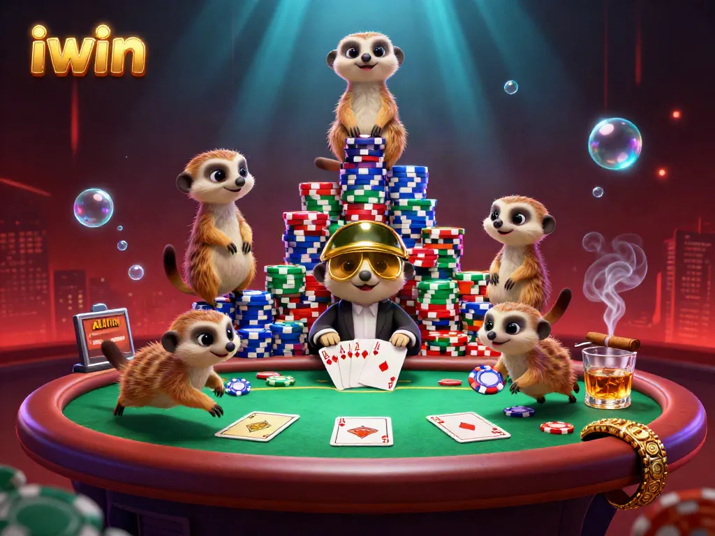 Join the fun with iwin's vibrant meerkat casino scene showcasing dynamic chip action.