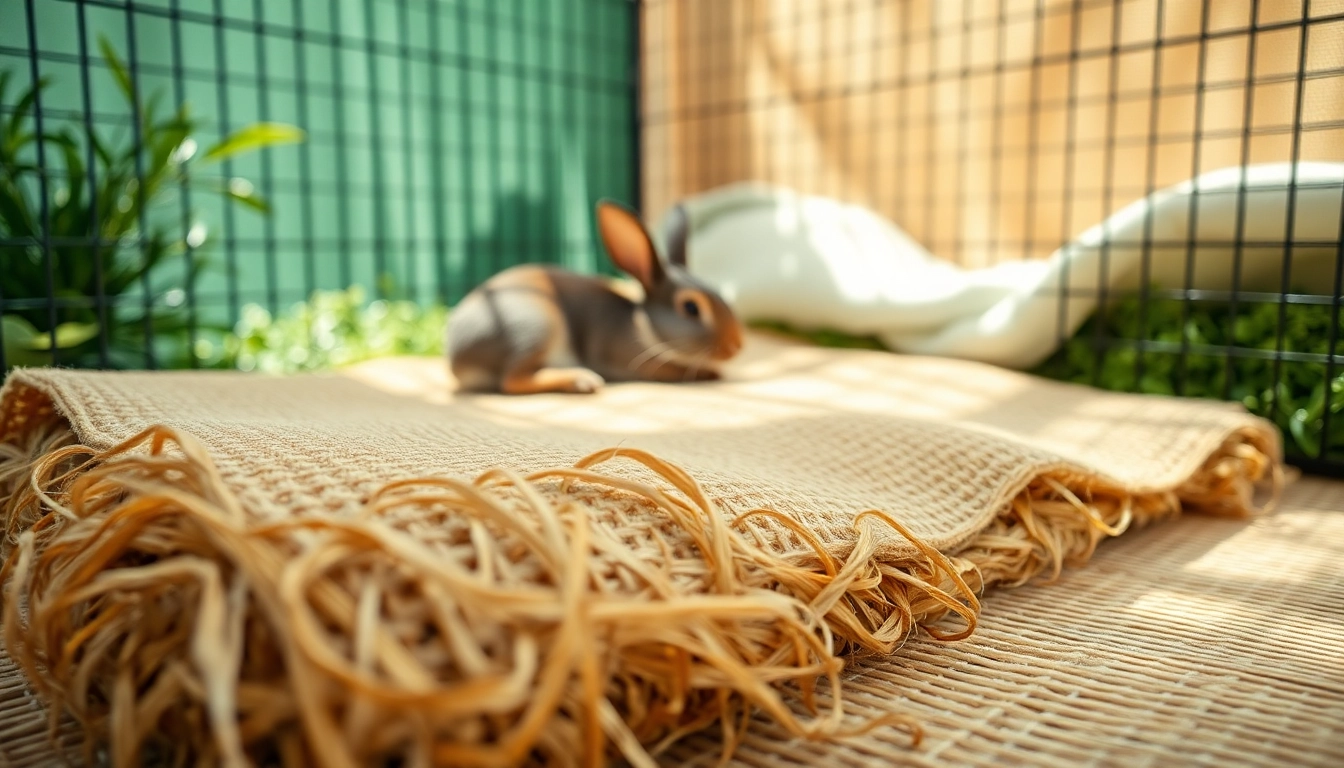 Hanfmatte im Käfig mit einem Kaninchen, das entspannt darauf liegt.
