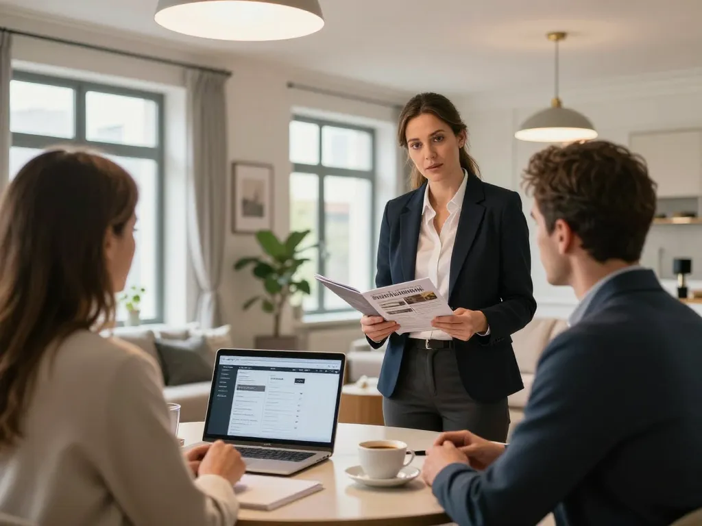 Immobilienmakler Frankfurt Eschersheim präsentiert eine Immobilie mit Kunden, die die Merkmale in einem hellen Wohnzimmer besprechen.