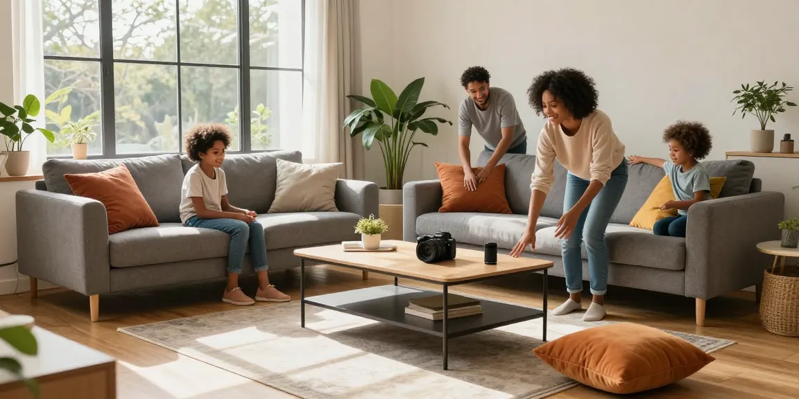 Charmantes Wohnzimmer mit günstigen Möbeln online, stylischer Sofa und Kaffeetisch.