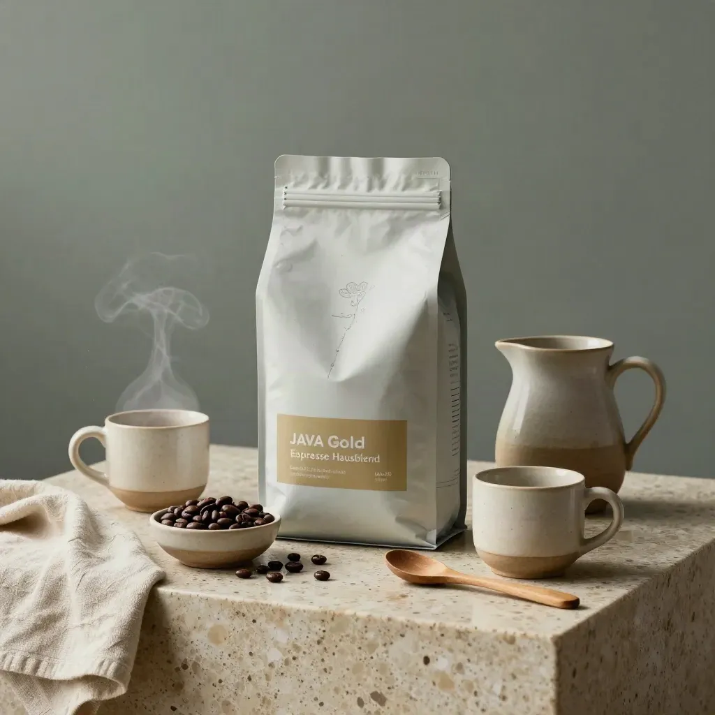 Espressobag, zwei Tassen, Bohnen, Löffel und Kanne auf nassem Stein im Morgenlicht.