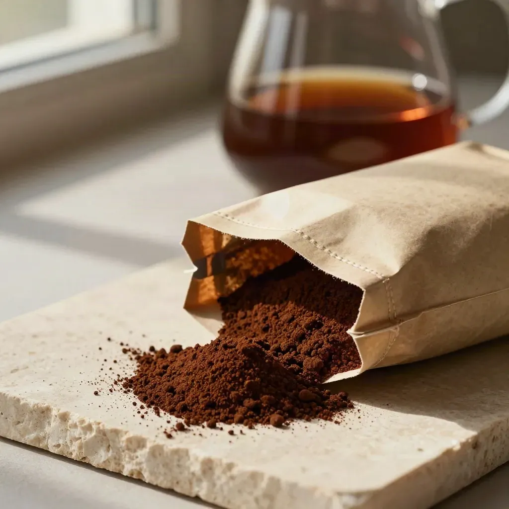 Makro eines unmarkierten Beutels Filterkaffee mit Pulver, Filter und Glaskanne auf hellem Stein.