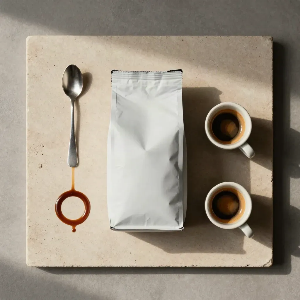 Espressobeutel mit zwei Tassen und Löffel auf hellem Stein, von oben fotografiert.
