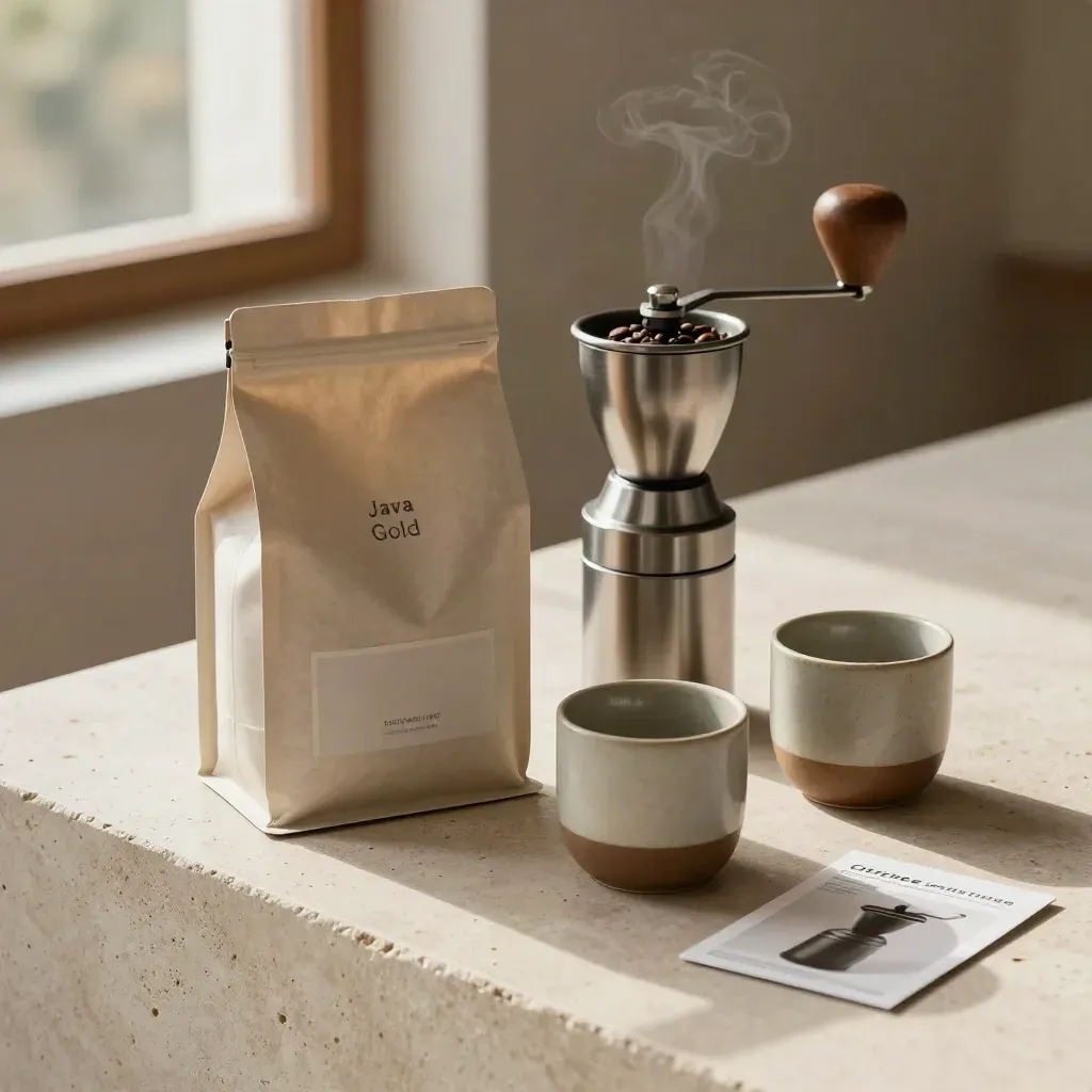 Espressostartset mit Mühle, Tassen und Dose auf hellem Naturstein im warmen Licht.