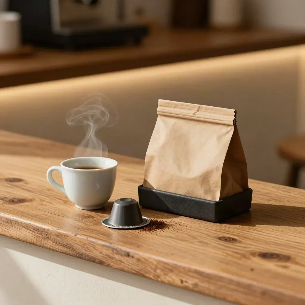 Espresso-Pads im Halter neben Tasse, warmes Licht, dezente Dampfwolke.