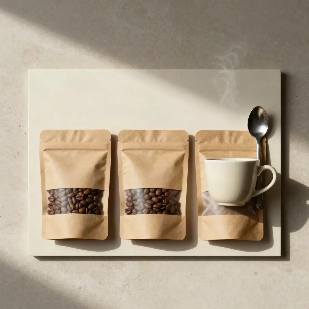 Drei Kaffeebeutel, Tasse und Probierlöffel auf hellem Stein von oben