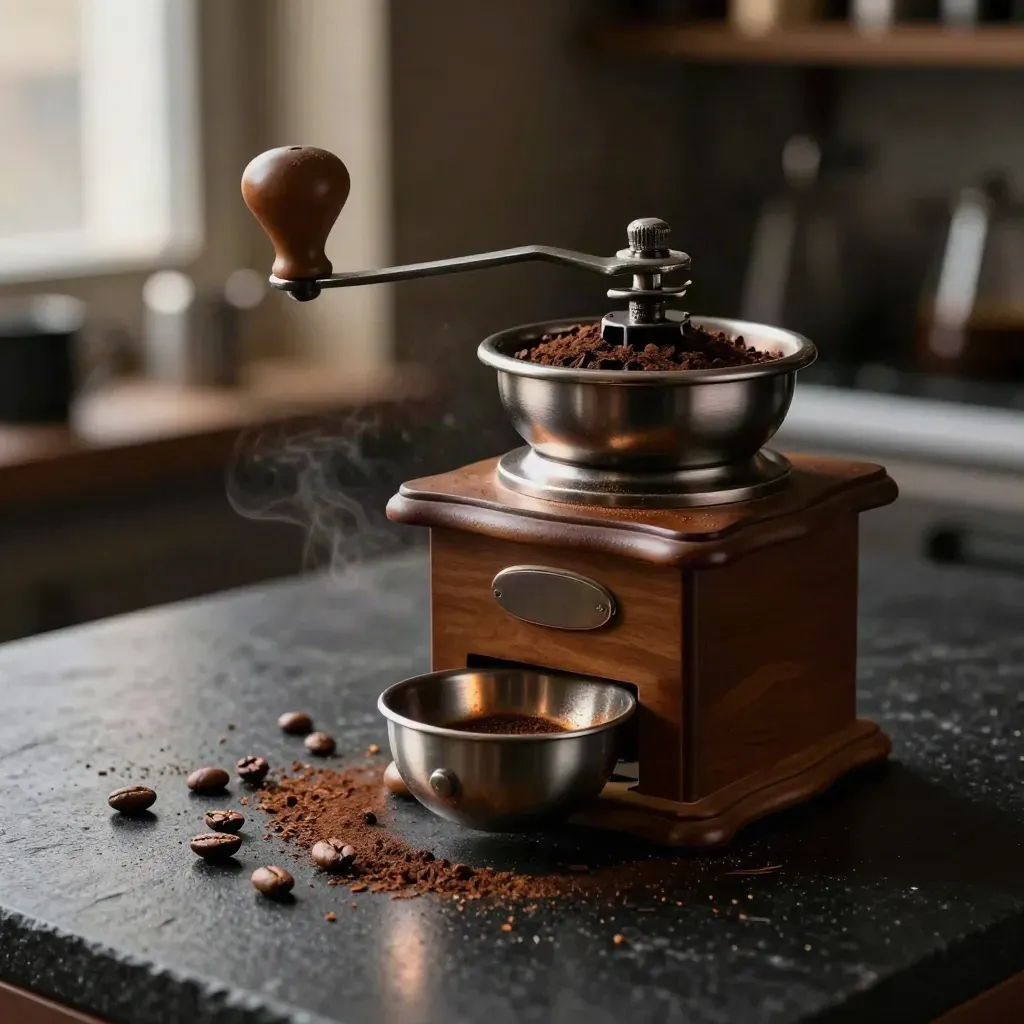 Stahl-Kaffeemühle mit Kurbel auf schwarzer Fläche, Bohnenreste und Metallschale im dramatischen Licht