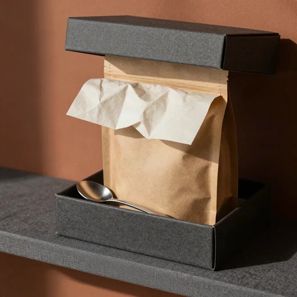 Offene Kaffee-Geschenkbox mit Seidenpapier, Beutel und Zubehör im warmen Seitenlicht.