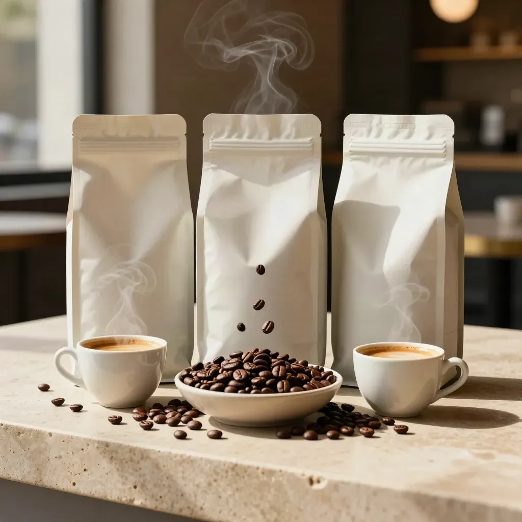 Drei Kaffeebohnenbeutel, Schale voller Bohnen und drei Tassen auf hellem Stein