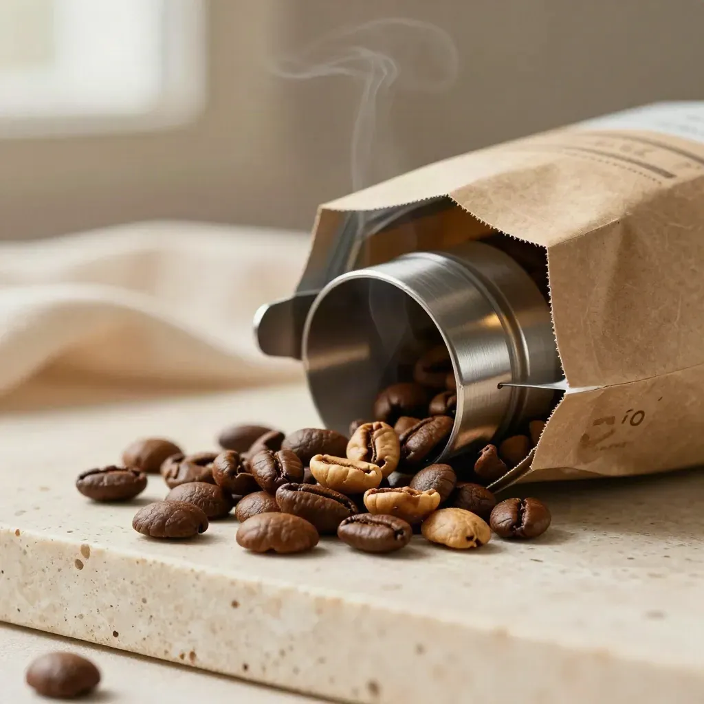 Entkoffeinierte Kaffeebohnen im offenen Beutel neben einer Mühle auf Travertin.