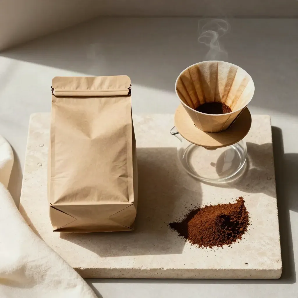 Von oben arrangierter Filterkaffee-Beutel mit Papierfilter, Gläserserver und Kaffeelinie auf hellem Stein.