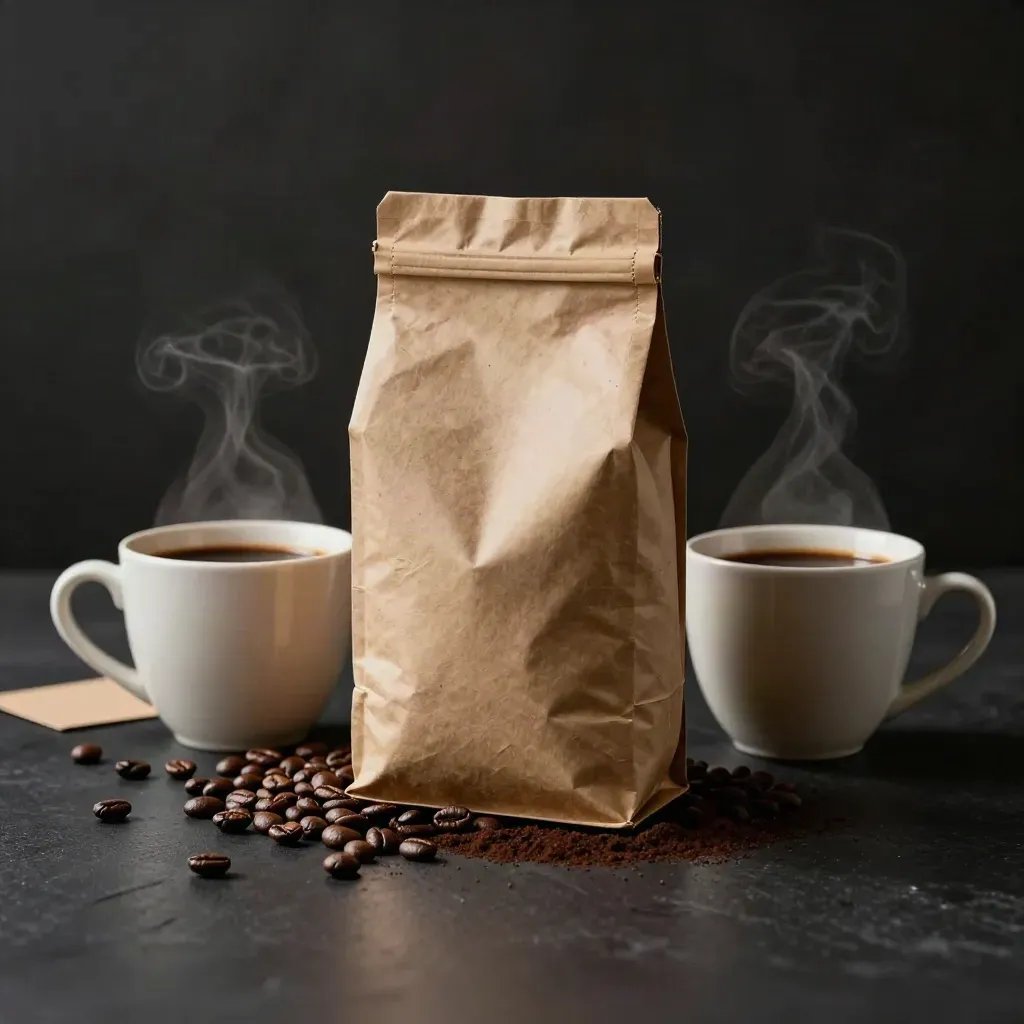 Unmarkierter Espressobeutel mit zwei dicken Tassen, Bohnen und Dampf im dunklen Studio.