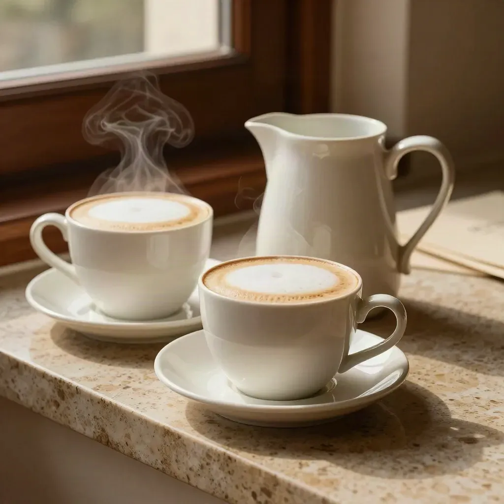 Zwei Cappuccino-Tassen mit Untertassen und Kännchen auf warmem Steinsockel, mit Dampf