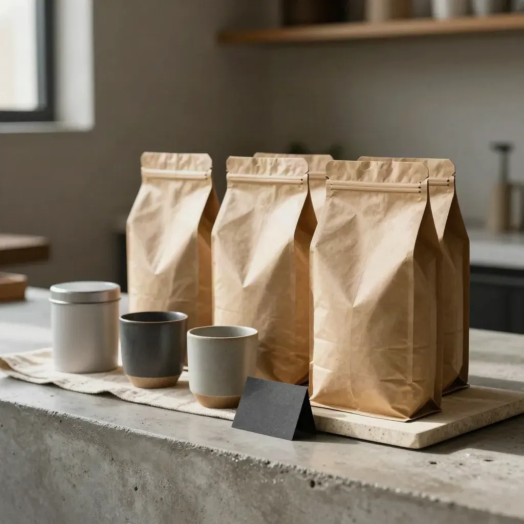 Unmarkiertes Kaffee-Abo fürs Büro mit drei Beuteln, zwei Tassen und Dose auf Beton.