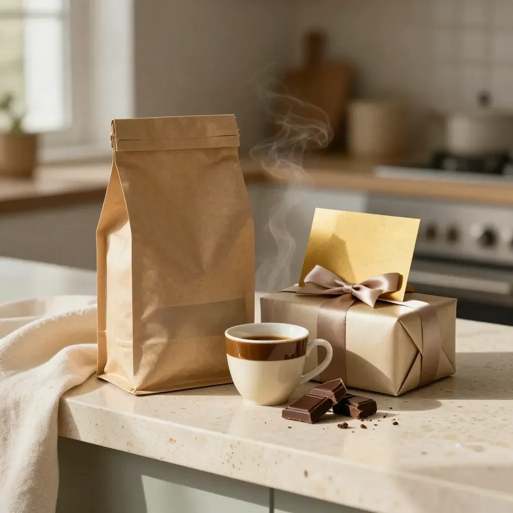 Festliches Kaffee-Geschenkset mit Beutel, Tasse, Schokolade und satinierter Schachtel