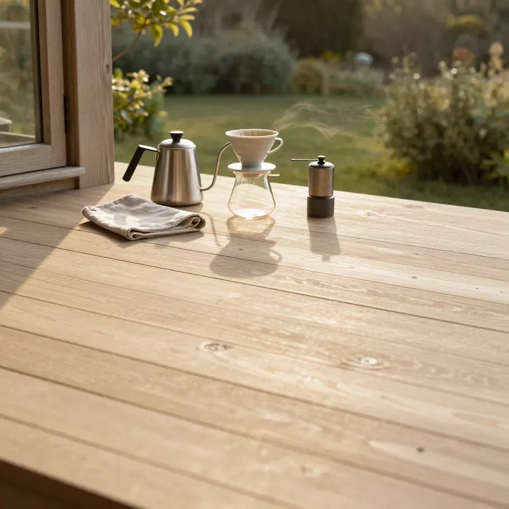Sonnenbeschienene Holzterrasse mit Kaffeezubehör am Rand eines stillen Gartens.