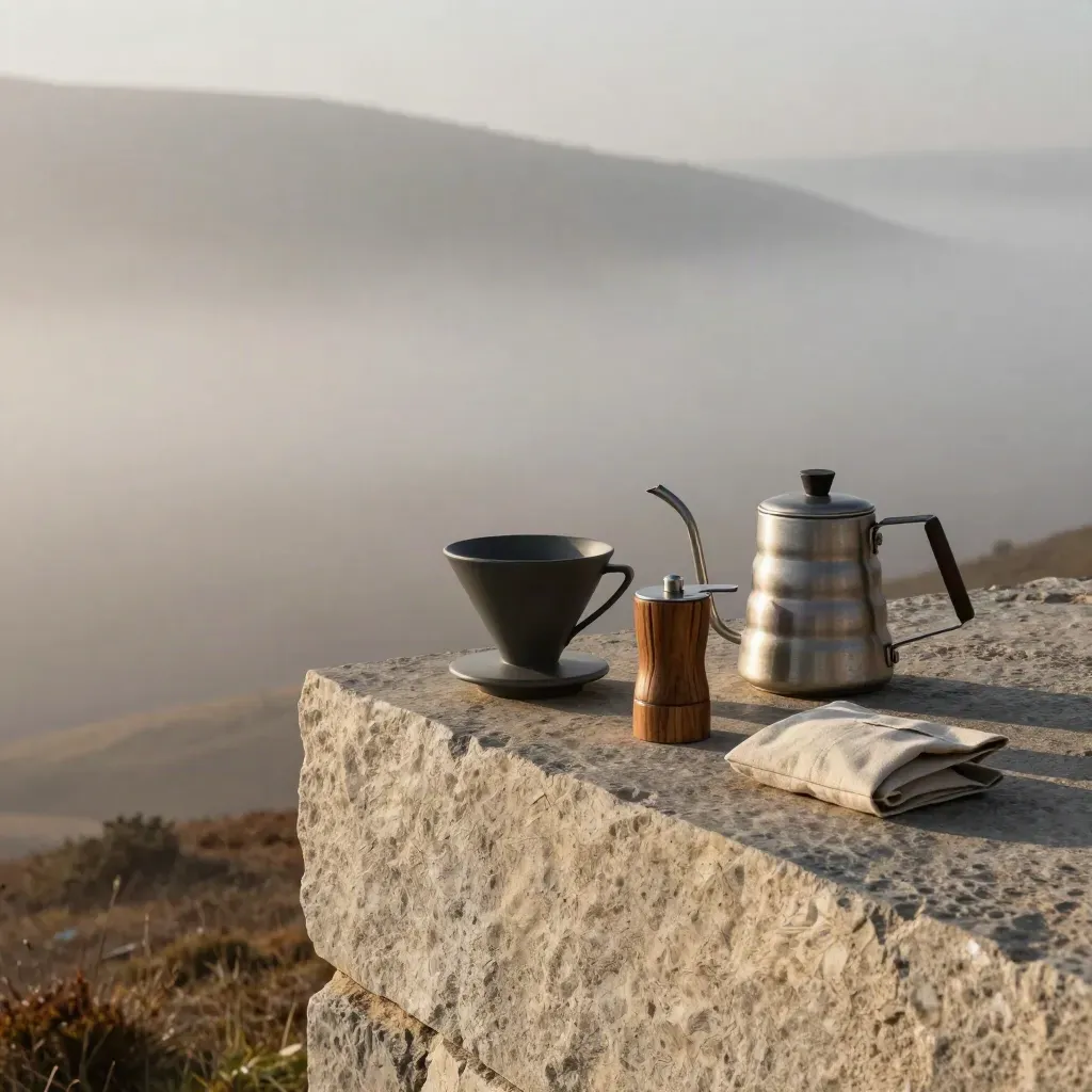 Steinerner Vorsprung mit Kaffeezubehör im Nebel über einer stillen Landschaft