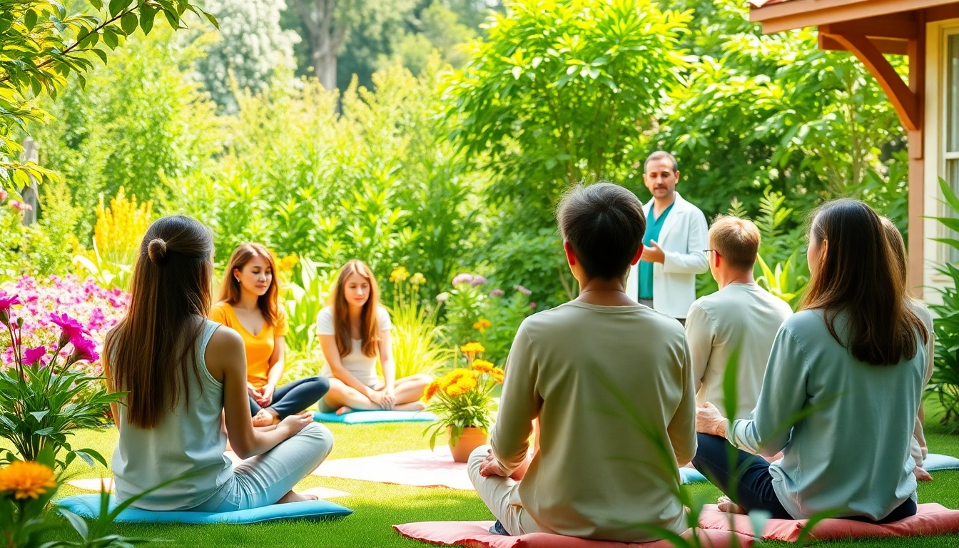 In einem Heiler Seminar Live sind Teilnehmer aktiv am Lernen mit einem fokussierten Referenten in einem Garten.
