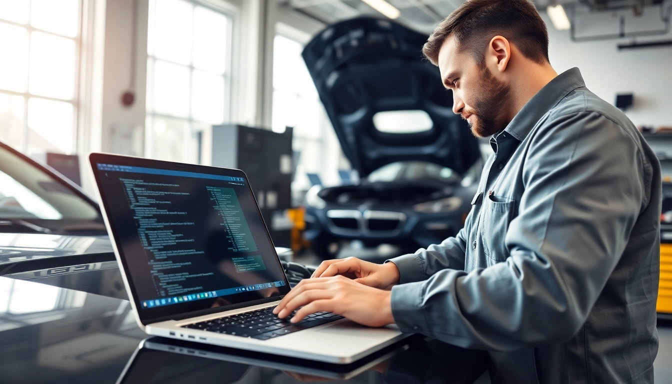Mechaniker zeigt BMW Codierung in einer modernen Werkstatt mit technischem Equipment.