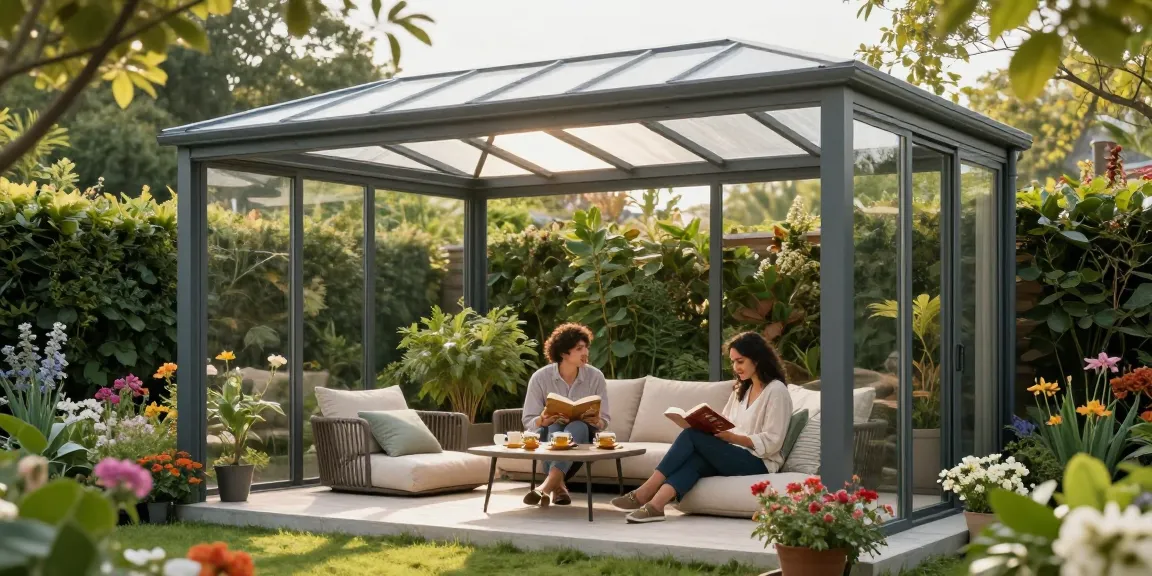 Genießen Sie den Outdoor-Lifestyle mit einer freistehenden Terrassenüberdachung, umgeben von einem blühenden Garten.