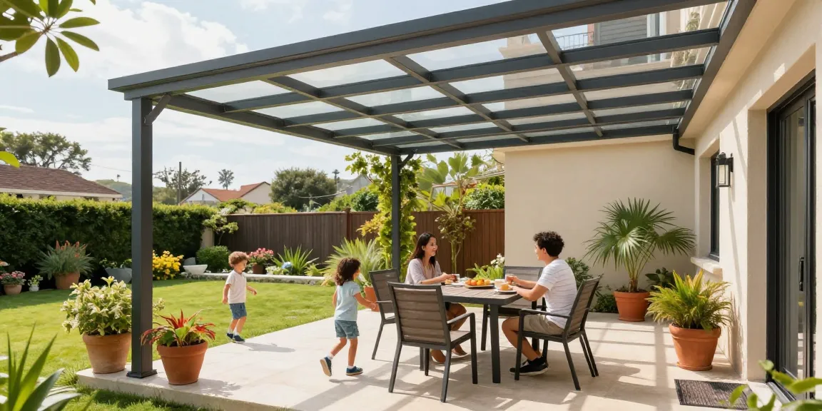 Moderne Terrassenüberdachung sorgt für stilvollen Schatten in der Gartenlandschaft.