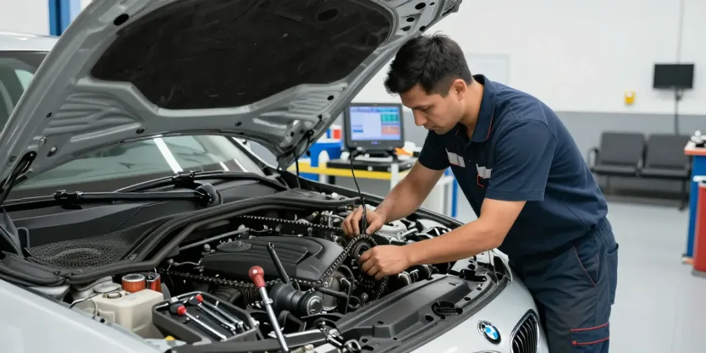 Professioneller BMW Werkstatt-Techniker beim Steuerkettenwechsel in Hannover.