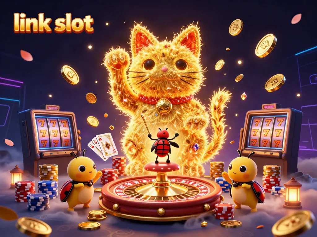 Experience thrilling time at link slot with a 3D lucky cat and vibrant casino symbols.