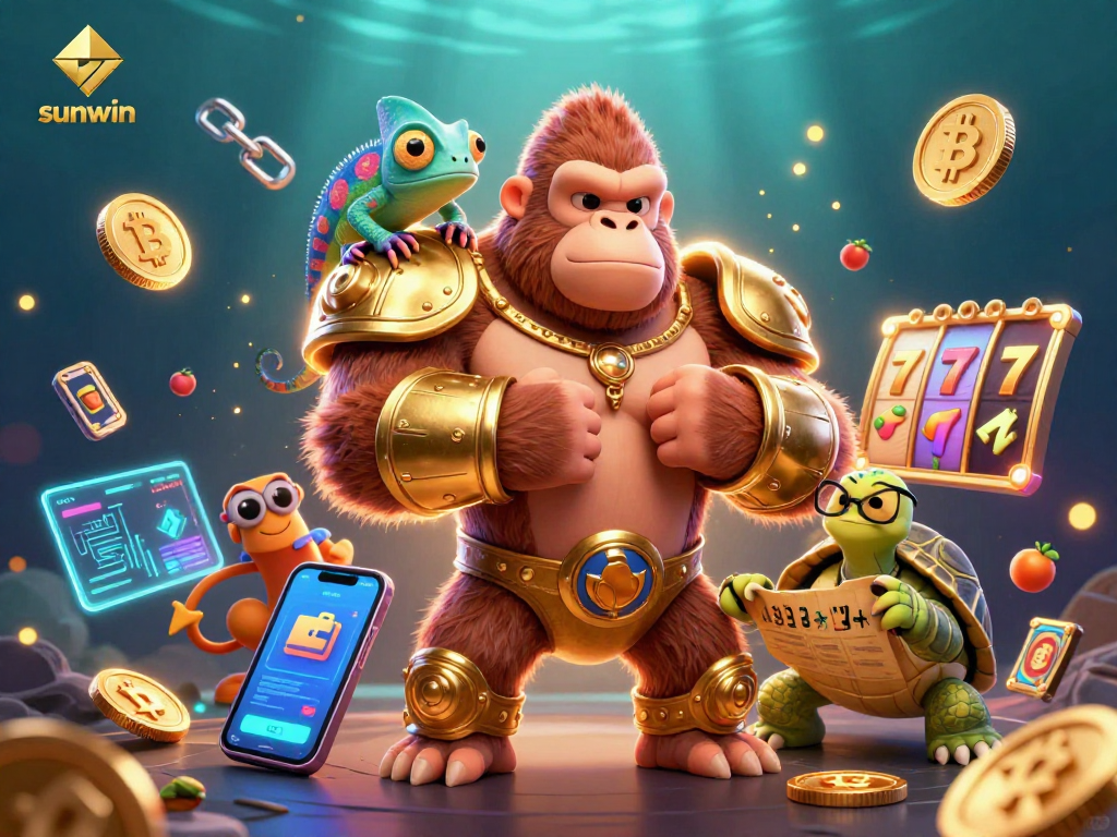 Experience thrilling casino action with sunwin's vibrant 3D digital illustration of characters amidst slot reels and crypto coins.