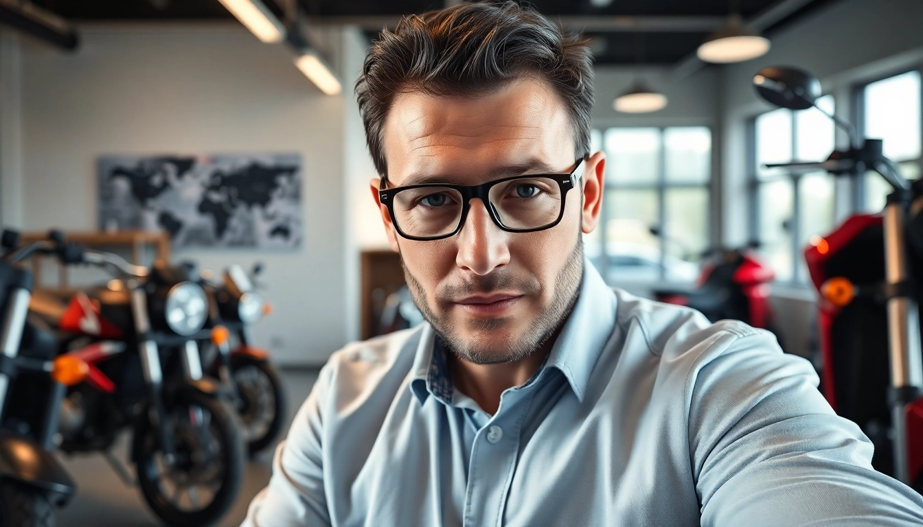 Motorrad Gutachter bewerten ein Motorrad in einem modernen Büro.