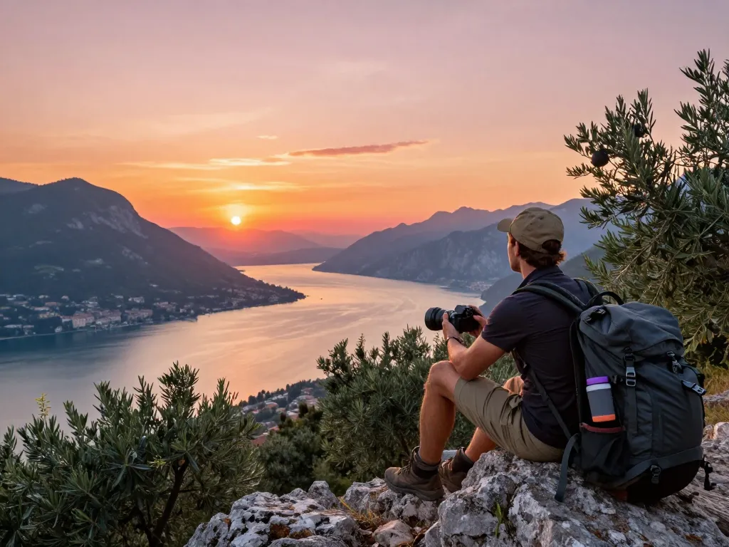 Gardasee Reisetipps für einen unvergesslichen Sonnenuntergang am Gardasee mit einem Reisenden, der Erinnerungen festhält.