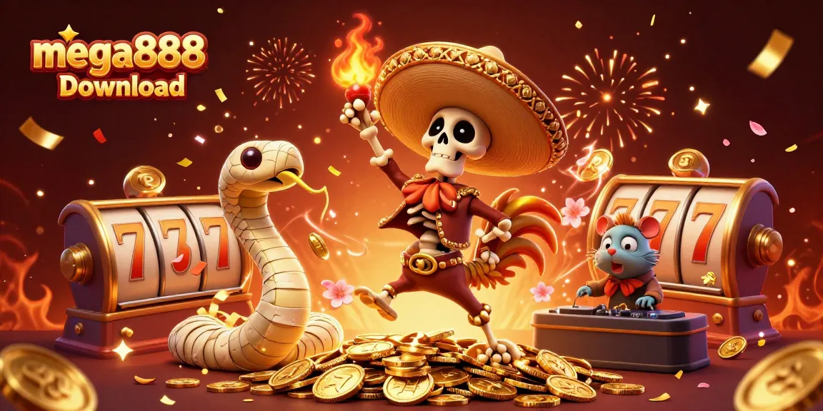 Experience the thrill of mega888 download with vibrant characters dancing among slot symbols.