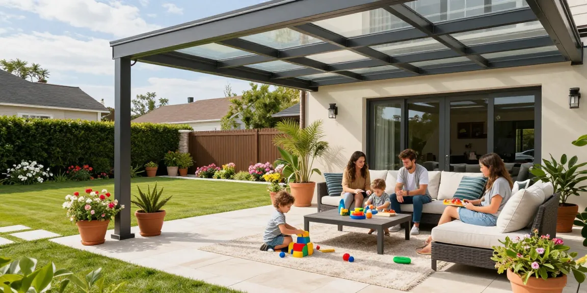 Moderne Terrassenüberdachungen in einer einladenden Familienumgebung mit Spielen und Pflanzen.