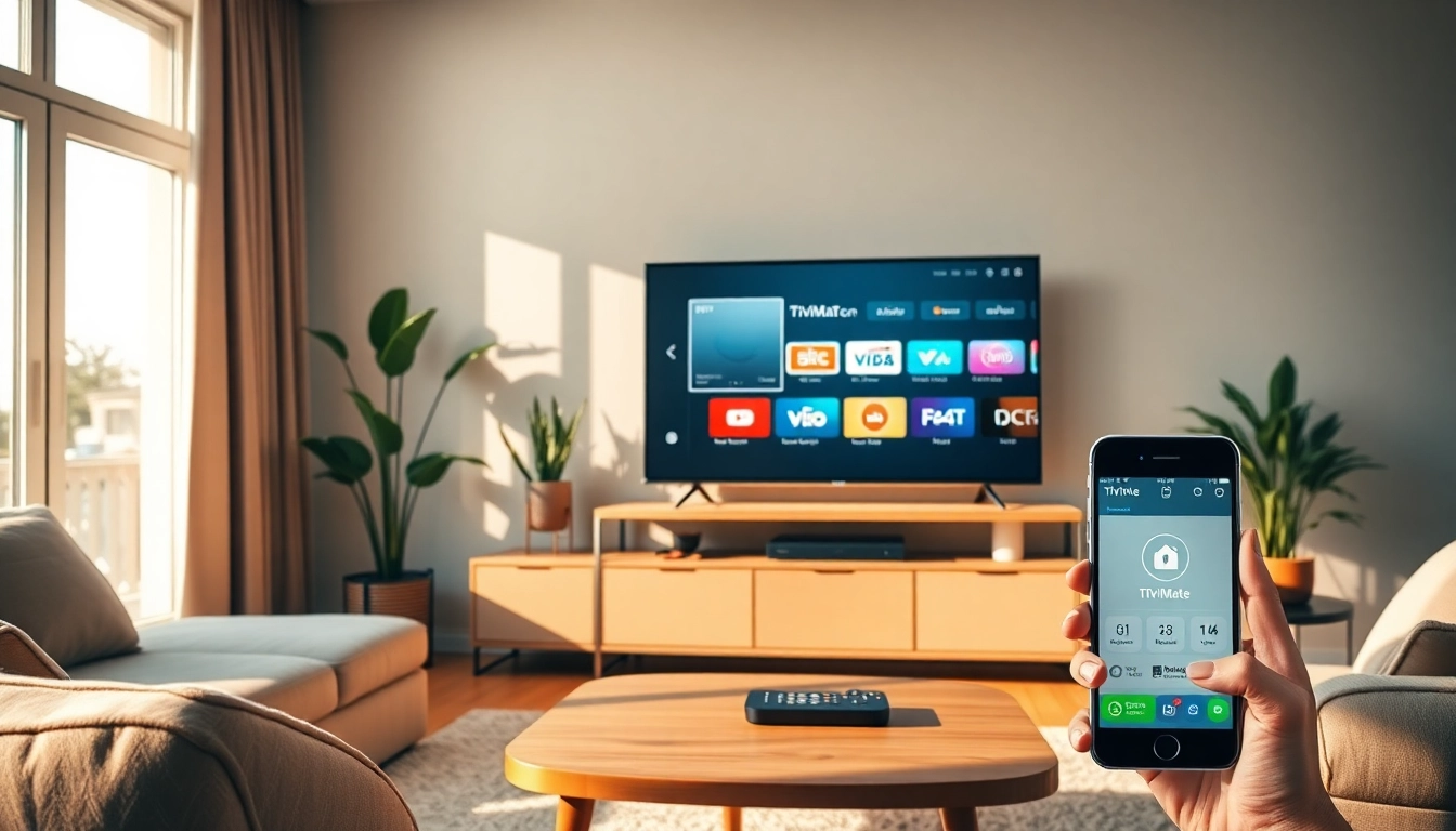 TiviMate IPTV Anleitung auf einem modernen Fernseher in einer gemütlichen Wohnzimmereinrichtung.