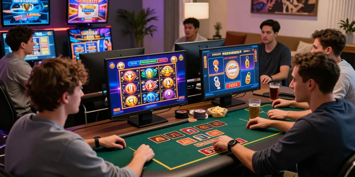 Engaging online gambling scene showing friends playing สล็อตเว็บตรง games with vibrant visuals.