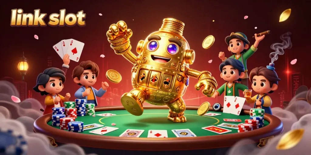 Spin the reels on link slot with a golden golem and vibrant poker scene!