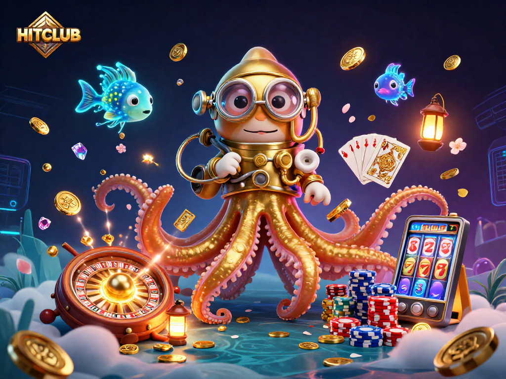 Engage with HITCLUB's colossal kraken in this vibrant casino-themed digital artwork, showcasing thrilling gambling elements.