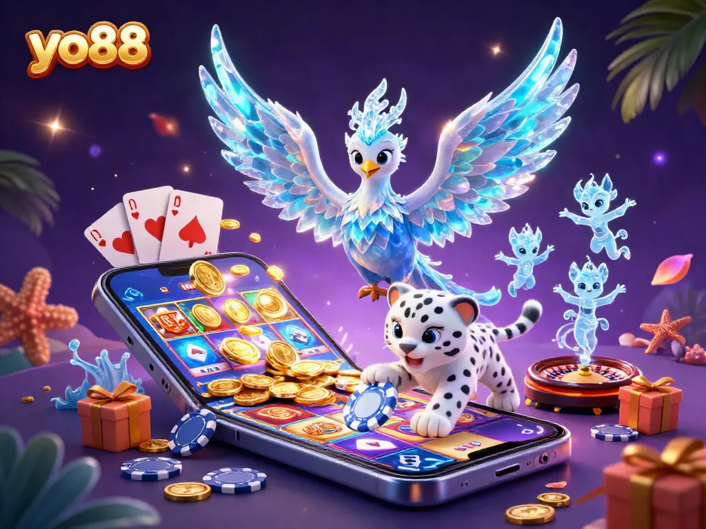 Experience thrilling wins at yo88 with an ice phoenix and playful cub amidst vibrant casino elements.