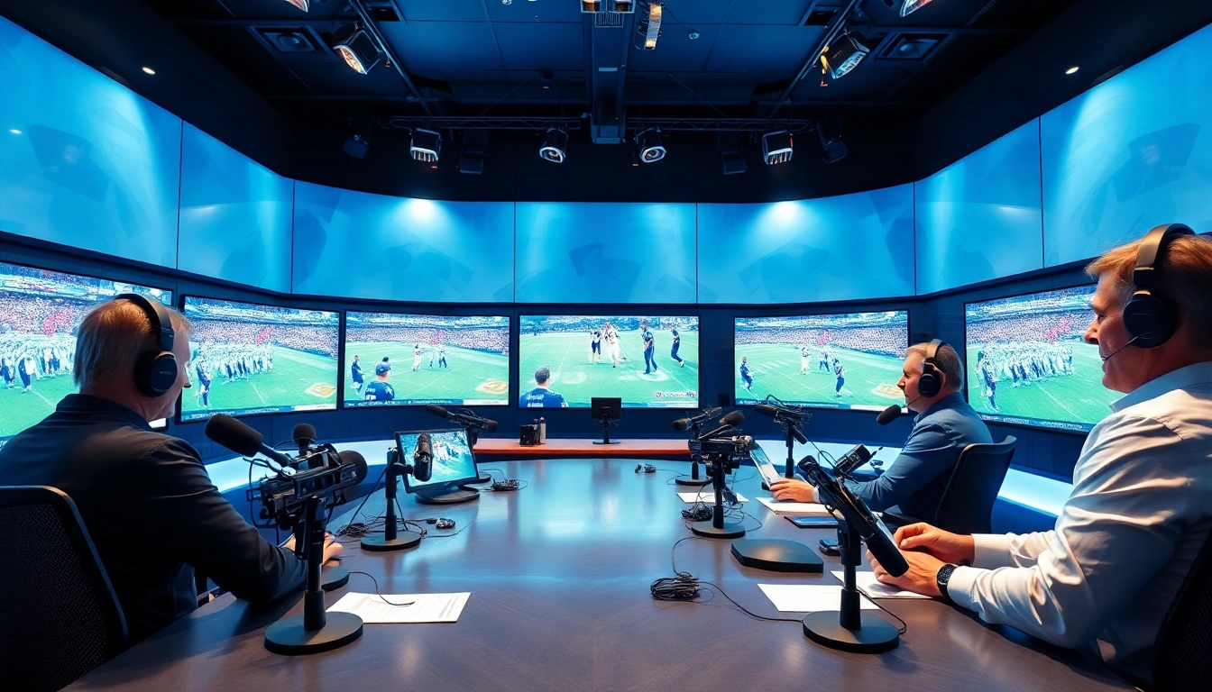 Engaging sports broadcasting scene with commentators discussing live matches.