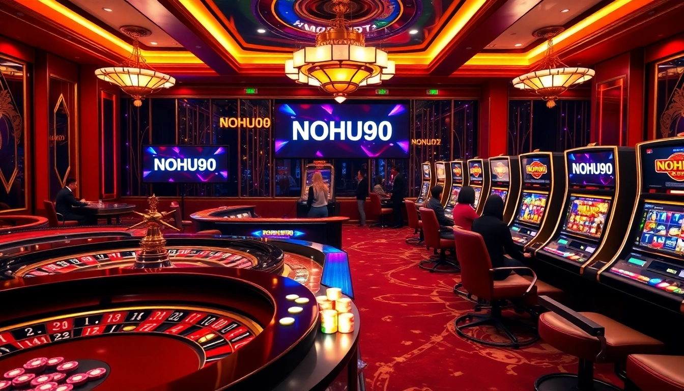 Experience the thrill of NOHU90 at an elegant casino with vibrant gaming interfaces.