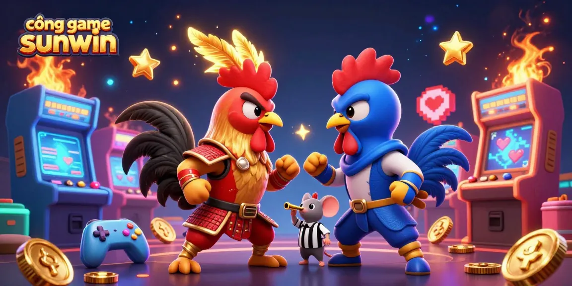 Engage in cổng game sunwin with twin cartoon roosters in a dynamic casino showdown, vibrant arcade elements around.